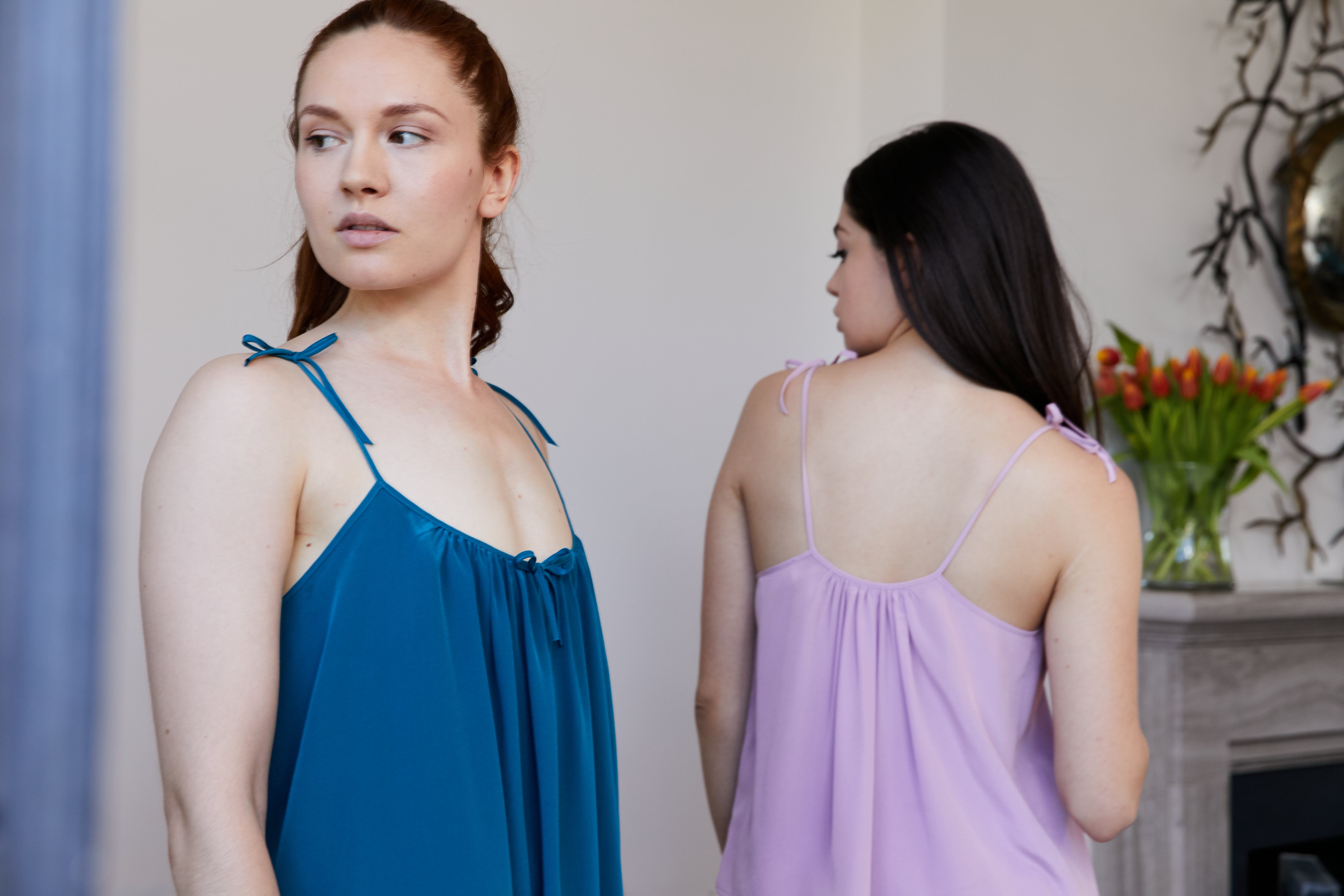 Original Dream Silk Crepe de Chine Bow Tie Dress in Teal and Lavender