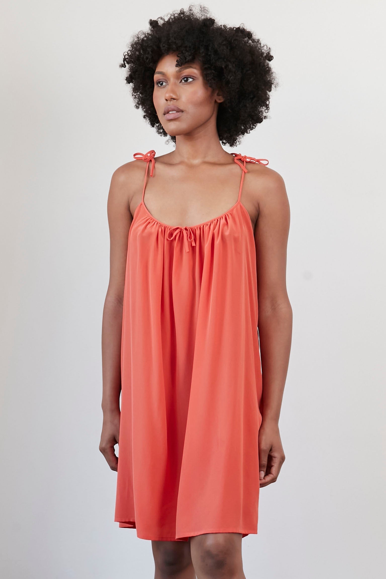 Original Dream Bow Tied Straps Washed Silk Dress Orange