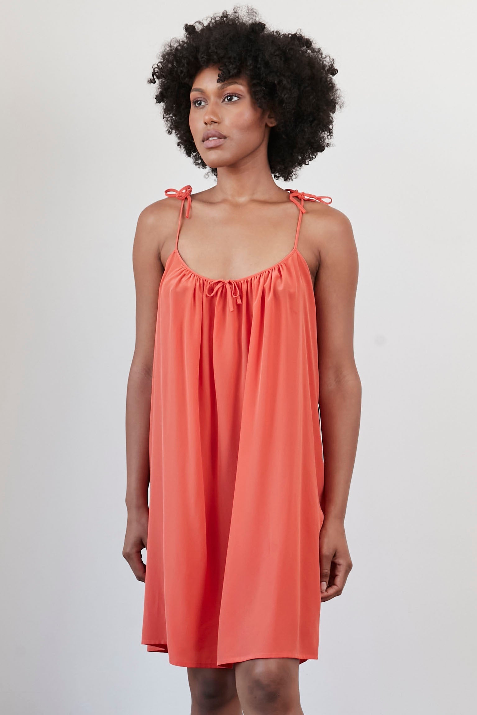 Original Dream Bow Tied Straps Washed Silk Dress Orange