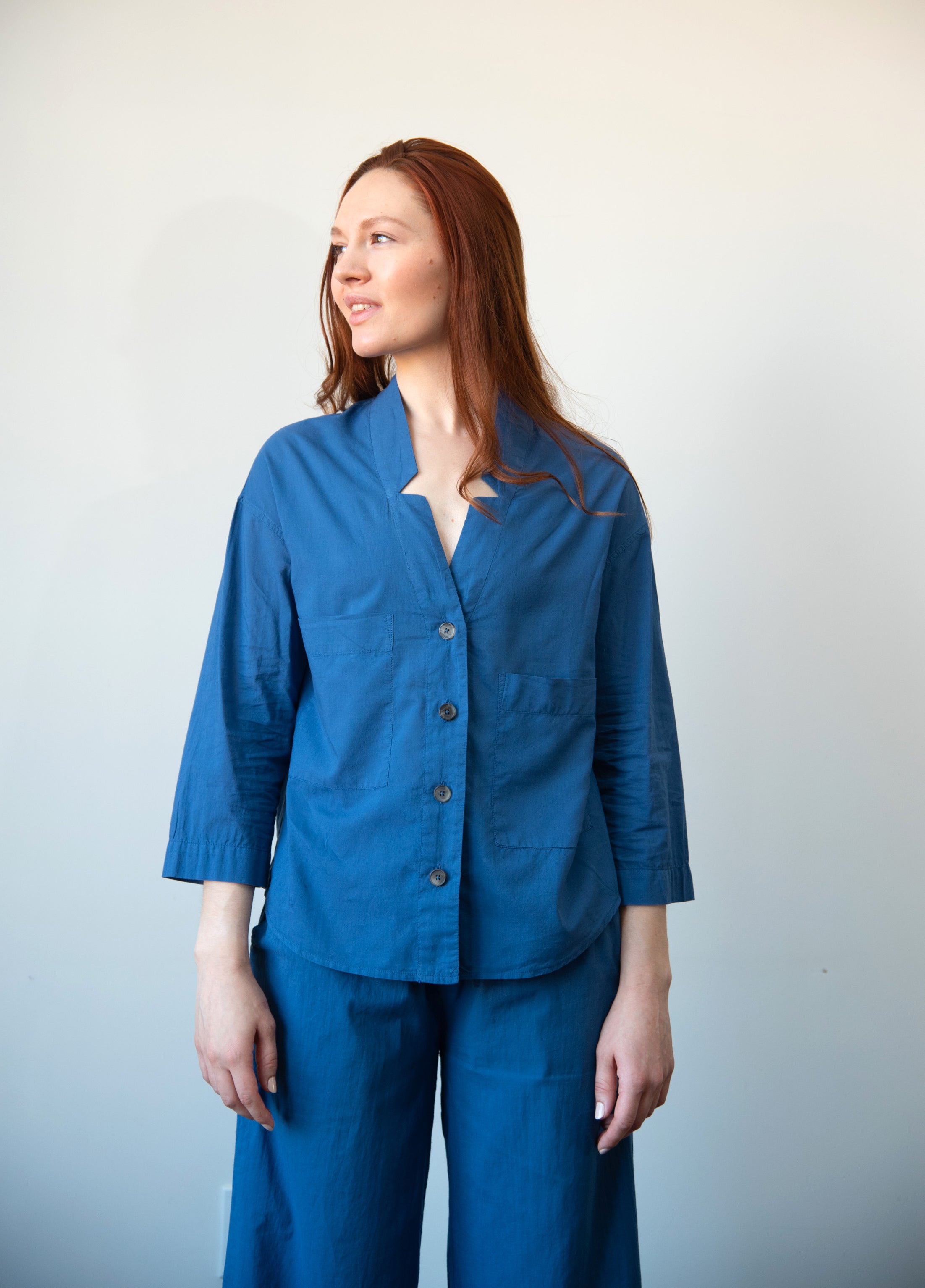 100% Cotton Button Front Reverse Notch Collar Pajama Top With Two Asymmetrical Pockets (Top Only)