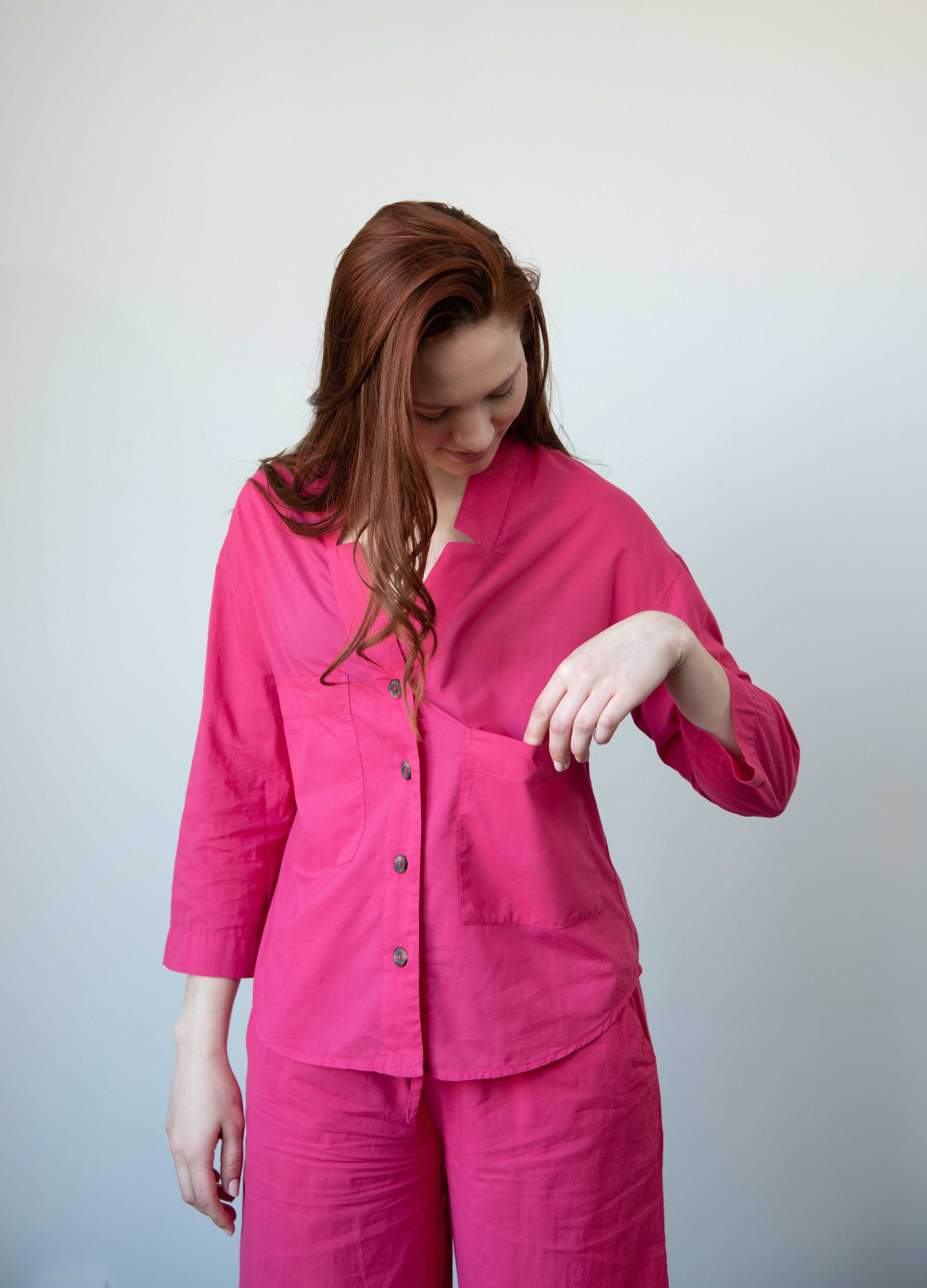 100% Cotton Button Front Reverse Notch Collar Pajama Top With Two Asymmetrical Pockets (Top Only)