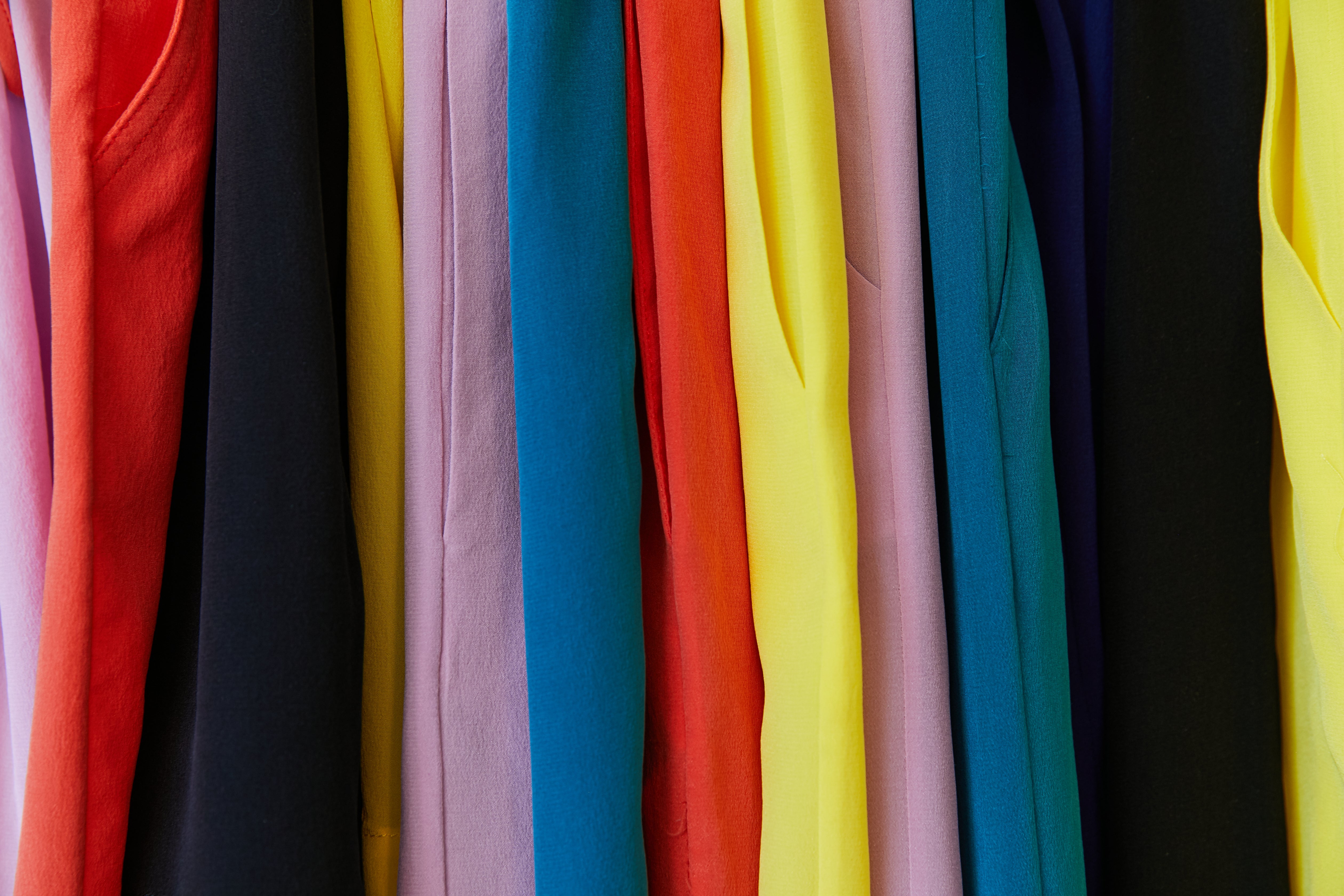 Washed Silk Crepe de Chine Colors. Lavender, Orange, Black, Yellow, Teal, White, Royal