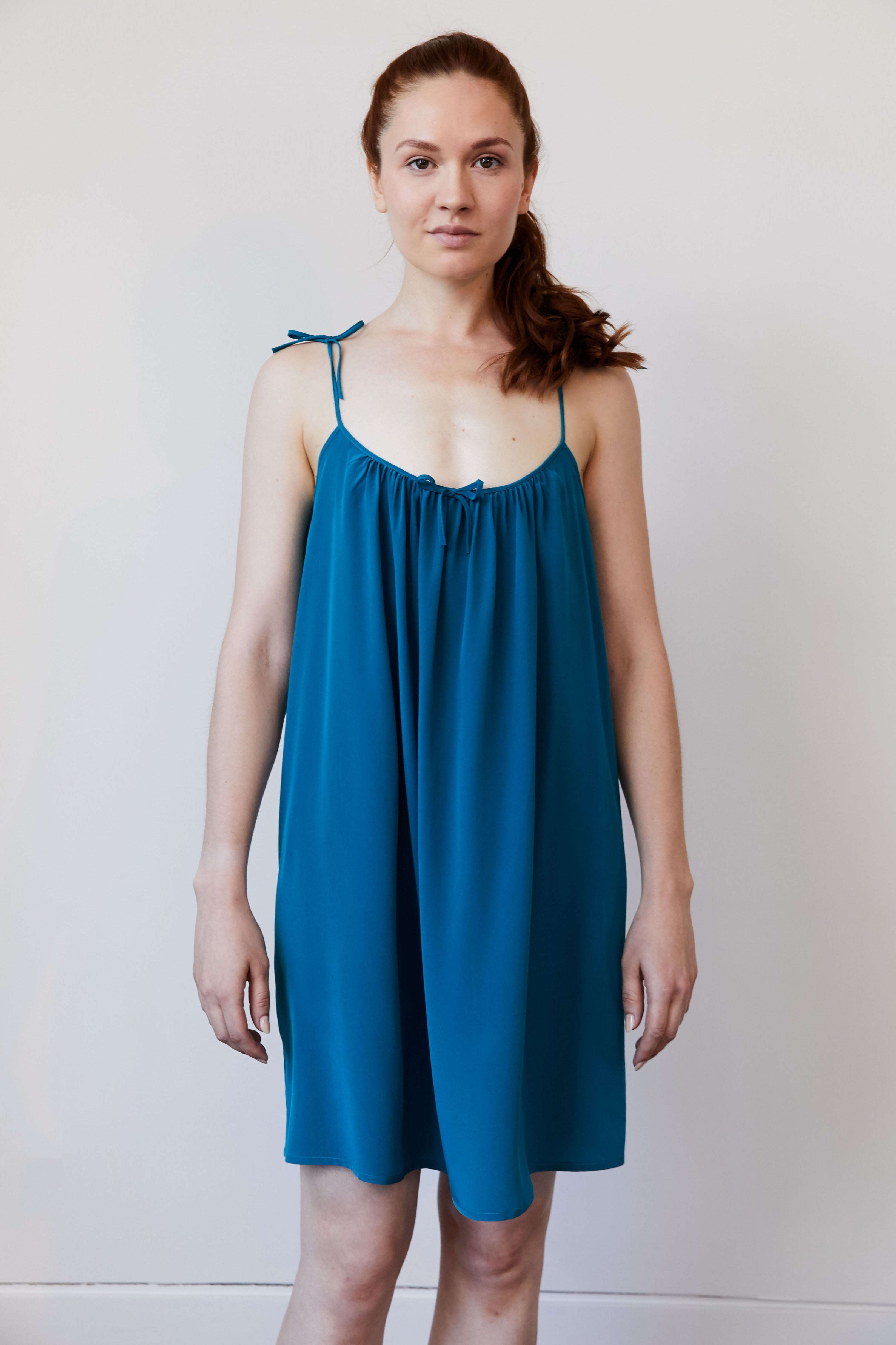 Original Dream Bow Tie Washed Silk Dress Teal